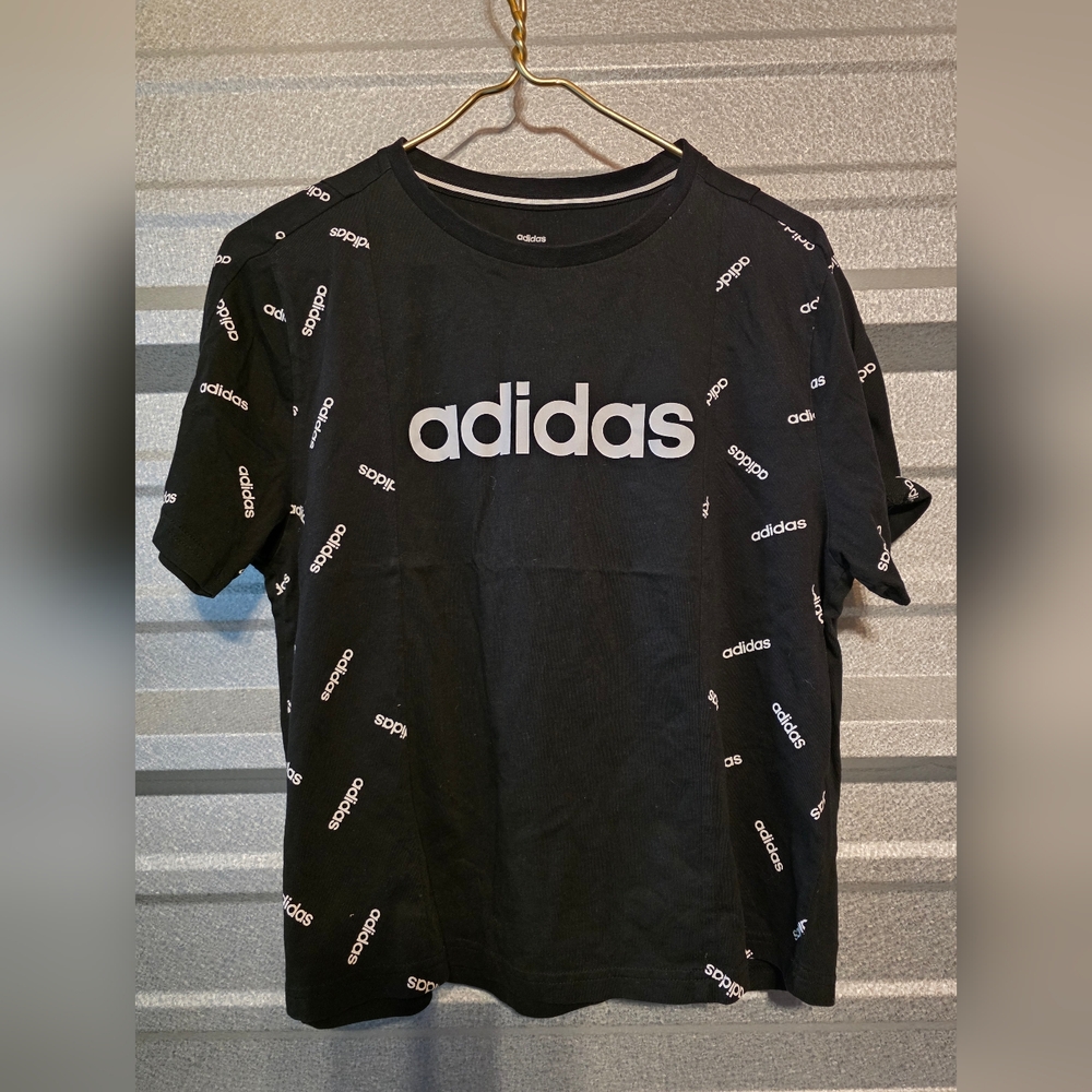 Adidas Black Tee with White Logo Pattern